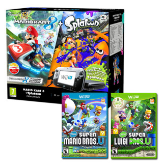 Nintendo Wii U Premium (Fekete) + Splatoon + Mario Kart 8 + Super Mario + Luigi 