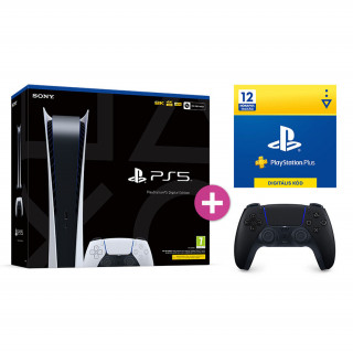 PlayStation®5 825GB Digital Edition + PlayStation®5 DualSense™ kontroller (Midnight Black) + Playstation Plus 12 hónapos előfizetés (DIGITÁLIS) PS5