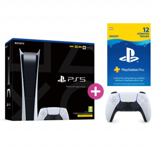 PlayStation 5 825GB Digital Edition + PlayStation 5 DualSense (Fehér) + PlayStation Plus kártya 1 éves (PS PLUS) 