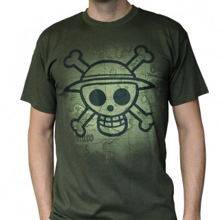 ONE PIECE - Tshirt - Póló "Skull with map Used" man SS kaki - basic (XXL-es méret) - Abystyle AJÁNDÉKTÁRGY