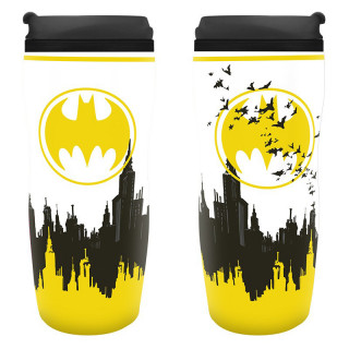 DC COMICS - Travel Mug "Batman" (fehér-sárga-fekete) - Utazó bögre - Abystyle AJÁNDÉKTÁRGY