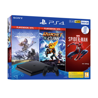 PlayStation 4 (PS4) Slim 500GB + Marvel's Spiderman + Horizon Zero Dawn + Ratchet and Clank (HITS Bundle) PS4