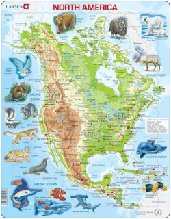 Larsen maxi puzzle 66 db-os Észak-Amerika térkép állatokkal A32 Ajándéktárgyak