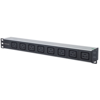 Manhattan elosztó - 19" 1U Rackmount elosztó, 8db C19 aljzat, 2m eltávolítható kábel, ki-be kapcsológomb PC