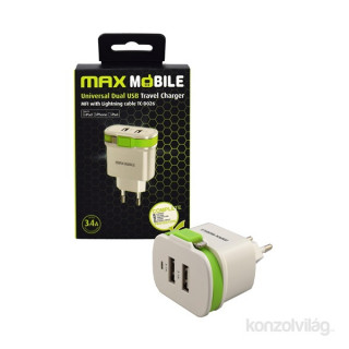 Max Mobile 3.4A univerzális fehér-zöld hálózati tölto MFI Apple kábellel 