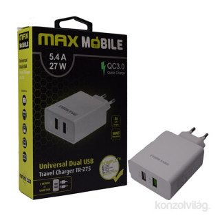 Max Mobile TR-275 QC 3.0 5.4A univerzális 2x USB fehér hálózati gyorstöltő Mobil