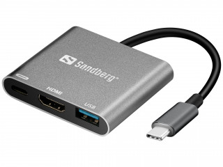 Sandberg Kábel Átalakító - USB-C Mini Dock HDMI+USB (ezüst; USB-C bemenet; HDMI+USB3.0+USB-C power kimenet) 