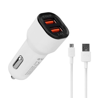 S-Link Autós töltő - SL-EC30M (2db USB, 5V/2.4A/3,4A, 17W, Micro usb, 100cm adat+töltőkábel, fehér) Mobil