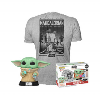 Funko Pop! & Tee (Adult): Disney SW The Mandalorian - Mando Grogu with Cookie Flocked (SE) Vinyl Figura & Póló (XL) AJÁNDÉKTÁRGY