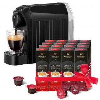 TCHIBO Cafissimo Easy Black kapszulás kávéfőző + Espresso Elegant Aroma 8*10db kapszula + Espresso Intense Aroma 8*10db kapszula 
