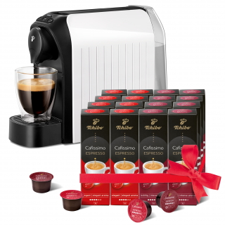 TCHIBO Cafissimo Easy White kapszulás kávéfőző + Espresso Elegant Aroma 8*10db kapszula + Espresso Intense Aroma 8*10db kapszula 