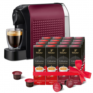 TCHIBO Cafissimo Easy Dark Red kapszulás kávéfőző + Espresso Elegant Aroma 8*10db kapszula + Espresso Intense Aroma 8*10db kapszula Otthon