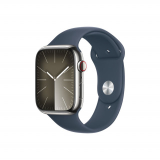 Apple Watch Series 9 GPS + Cellular – 45 mm-es ezüstszínű rozsdamentesacél tok, viharkék sportszíj - S/M Mobil