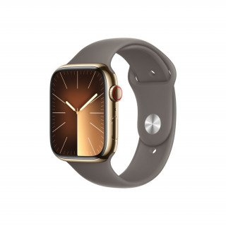 Apple Watch Series 9 GPS + Cellular – 45 mm-es aranyszínű rozsdamentesacél tok, agyag sportszíj - M/L Mobil