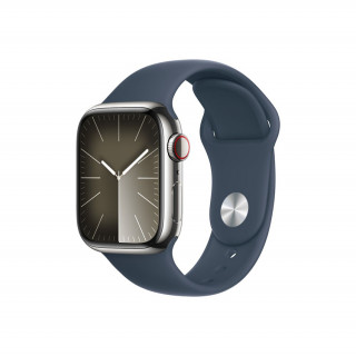 Apple Watch Series 9 GPS + Cellular – 41 mm-es ezüstszínű rozsdamentesacél tok, viharkék sportszíj - S/M Mobil